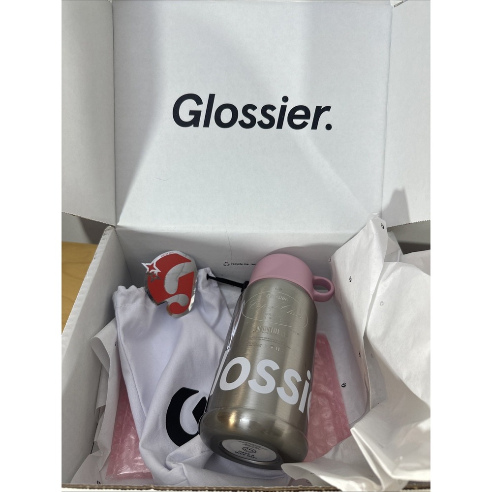 Glossier 16oz Classic Tumbler Thermos Holiday Exclusive Pink Silver NEW